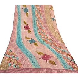 Sanskriti Vintage Pink Sarees 100% Pure Georgette Printed Sari Craft Fabric, PRG-9978