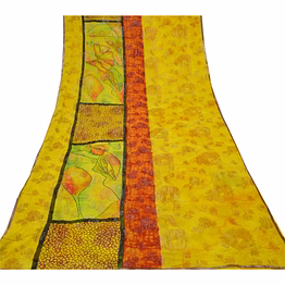 sanskriti vintage green pure georgette silk printed woven sari soft craft fabric, prg-9554