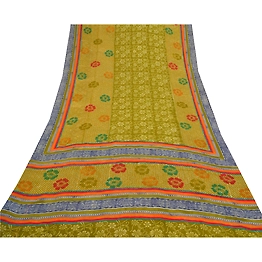 Sanskriti Vintage Green Sarees Pure Georgette Silk Printed Sari 5Yd Craft Fabric, PRG-8809