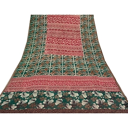 Sanskriti Vintage Green Sarees Pure Georgette Silk Printed Sari 5Yd Craft Fabric, PRG-8143
