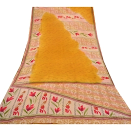 Sanskriti Vintage Yellow Sarees Pure Georgette Silk Printed Sari Craft Fabric, PRG-7920
