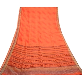 Sanskriti Vintage Sarees Orange Pure Chiffon Silk Sari Zari Printed Craft Fabric, PRG-122