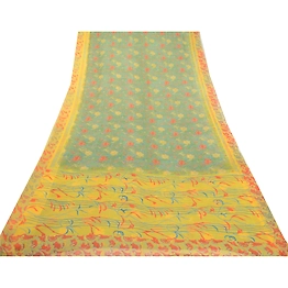 Sanskriti Vintage Sarees Green Pure Chiffon Silk Printed Sari Soft Craft Fabric, PRG-12606