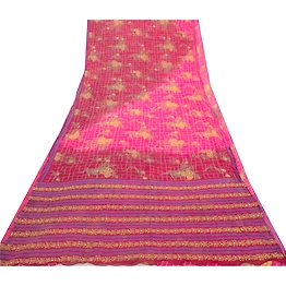 Sanskriti Vintage Sarees Purple Pure Chiffon Silk Rhienstone Printed Sari Fabric, PRG-12589