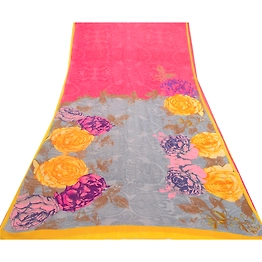Sanskriti Vintage Sarees Pink Pure Georgette Silk Printed Sari 5Yd Craft Fabric, PRG-12651