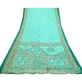 Sanskriti Vintage Sarees Indian Sea-Green Chiffon Printed Sari Soft Craft Fabric, PRG-12658