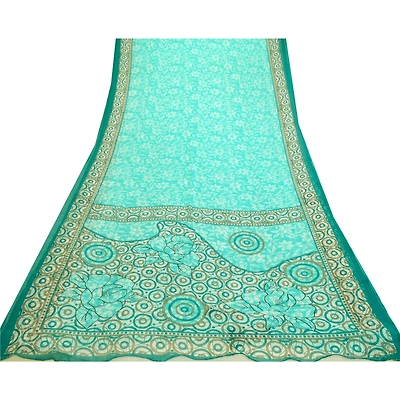 Sanskriti Vintage Sarees Indian Sea-Green Chiffon Printed Sari Soft Craft Fabric, PRG-12658