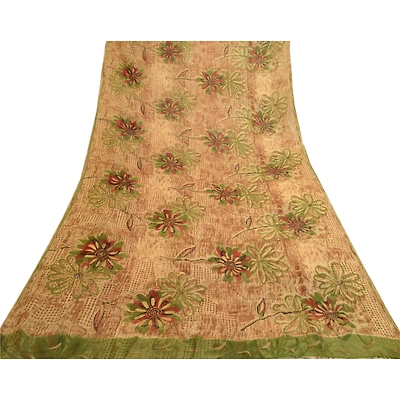 Sanskriti Vintage Brown Indian Sarees Chiffon Printed Sari Floral Craft Fabric, PRG-4828