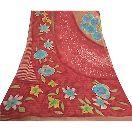 Sanskriti Vintage Dark Red Sarees Pure Georgette Silk Printed Sari Craft Fabric, PRG-7652