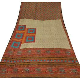 Sanskriti Vintage Cream Sarees Printed Sari Pure Georgette Silk 5Yd Craft Fabric, PRG-6816