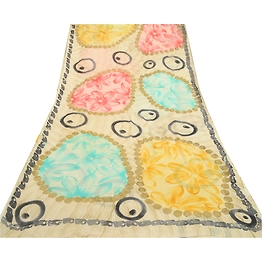 Sanskriti Vintage Sarees Ivory Pure Georgette Silk Printed Sari 5Yd Craft Fabric, PRG-12740