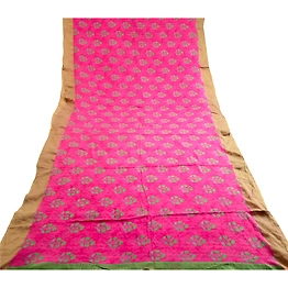 Sanskriti Vintage Sarees Pink Chiffon Printed Zari Border Sari 5Yd Craft Fabric, PRG-11566