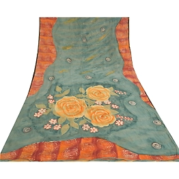 Sanskriti Vintage Sarees Gray Pure Georgette Silk Printed Sari 5Yd Craft Fabric, PRG-11552