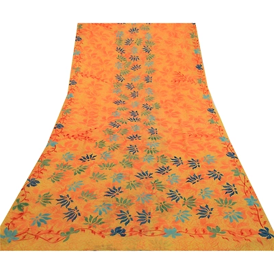 Sanskriti Vintage Sarees Yellow Pure Georgette Silk Printed Sari Craft Fabric, PRG-12829