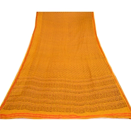 Sanskriti Vintage Sarees Yellow Pure Chiffon Silk Printed Sari 5Yd Craft Fabric, PRG-12839