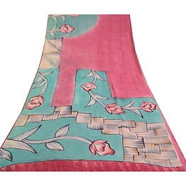 Sanskriti Vintage Pink/Blue Sarees Pure Georgette Silk Printed Sari Craft Fabric, PRG-12873