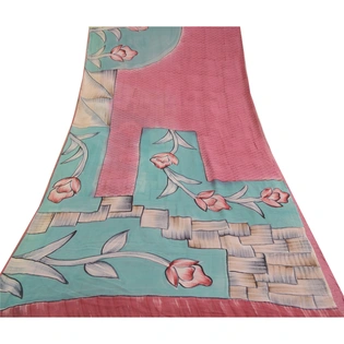 Sanskriti Vintage Pink/Blue Sarees Pure Georgette Silk Printed Sari Craft Fabric, PRG-12873
