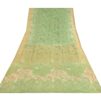 Sanskriti Vintage Green/Cream Sarees Pure Chiffon Silk Printed Sari Craft Fabric, PRG-12872