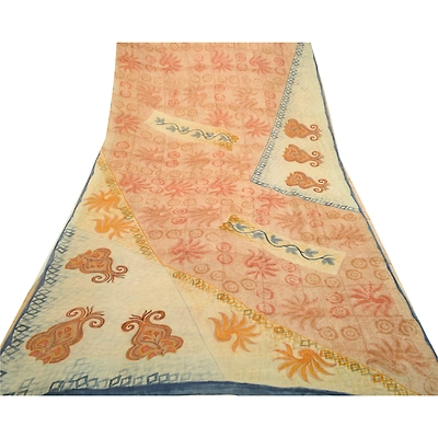 Sanskriti Vintage Sarees Cream Printed Pure Georgette Silk Sari 5Yd Craft Fabric, PRG-12690