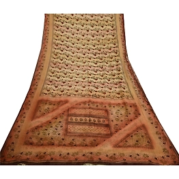 Sanskriti Vintage Sarees Cream/Brown Pure Chiffon Silk Printed Sari Craft Fabric, PRG-12963