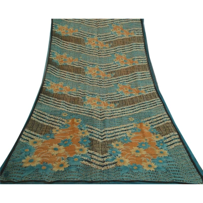 Sanskriti Vintage Sarees Blue Pure Georgette Silk Printed Sari 5Yd Craft Fabric, PRG-12964