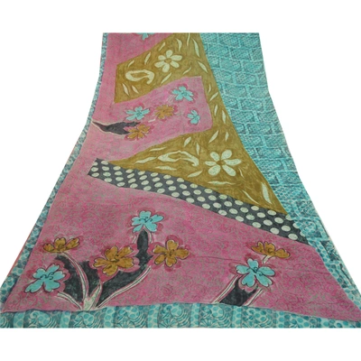 Sanskriti Vintage Sarees Blue Pure Georgette Silk Printed Sari 5Yd Craft Fabric, PRG-12737