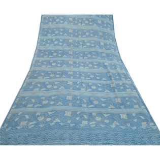 Sanskriti Vintage Sarees Blue Pure Georgette Silk Printed Sari 5Yd Craft Fabric, PRG-12708