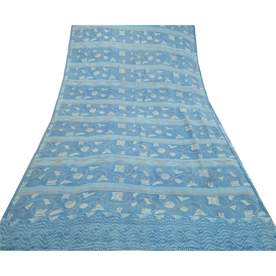 Sanskriti Vintage Sarees Blue Pure Georgette Silk Printed Sari 5Yd Craft Fabric, PRG-12708