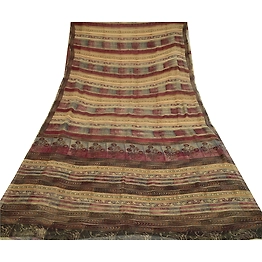 Sanskriti Vintage Sarees Purple/Cream Pure Chiffon Silk Print Sari Craft Fabric, PRG-12842