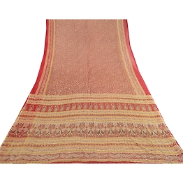 Sanskriti Vintage Sarees Dark Red Pure Chiffon Silk Printed Sari Craft Fabric, PRG-11827