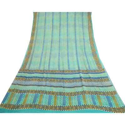 Sanskriti Vintage Sarees Sea-Green Pure Georgette Silk Printed Sari Craft Fabric, PRG-13053