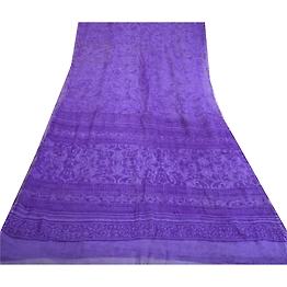 Sanskriti Vintage Purple Sarees Pure Chiffon Silk Printed Sari Craft 5 Yd Fabric, PRG-13120