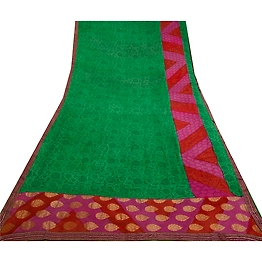 Sanskriti Vintage Sarees Green Zari Woven Print Pure Georgette Silk Sari Fabric, PRG-12783