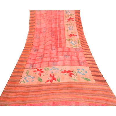 Sanskriti Vintage Sarees From India Red Blend Georgette Printed Sari Craft Fabric, PRG-11823
