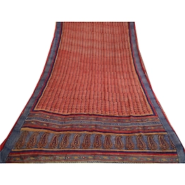 Sanskriti Vintage Sarees Red/Blue Pure Georgette Silk Printed Sari Craft Fabric, PRG-13064