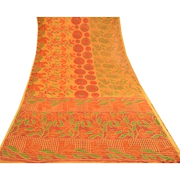 Sanskriti Vintage Sarees Mukesh Saffron Georgette Printed Sari 5Yd Craft Fabric, PRG-11674