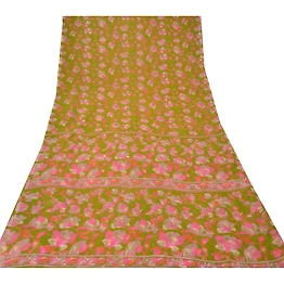 Sanskriti Vintage Green Sarees Poly Chiffon Printed Sari 5Yd Decor Craft Fabric, PRG-9823