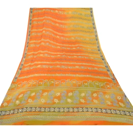 Sanskriti Vintage Orange Sarees Pure Chiffon Silk Printed Sari Craft Fabric, PRG-7109