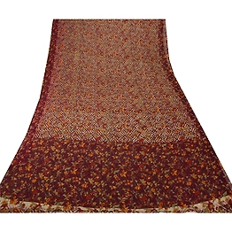 Sanskriti Vintage Dark Red Sarees Chiffon Silk Printed Sari Craft 5 Yard Fabric, PRG-7133