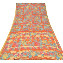 Sanskriti Vintage Orange Sarees Georgette Printed Indian Sari 5 Yd Craft Fabric, PRG-6529
