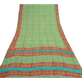 Sanskriti Vintage Green Saree Blend Georgette Printed Sari 5 Yard Craft Fabric, PRG-8569