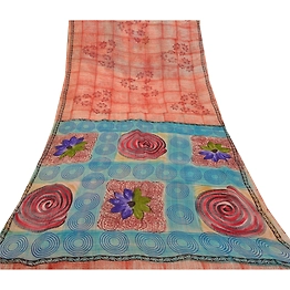 Sanskriti Vintage Red Saree Blend Georgette Printed Sari 5 Yard Craft Fabric, PRG-8289