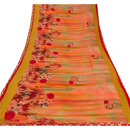 Sanskriti Vintage Peach Sarees Georgette Printed Sari 5 Yard Craft Decor Fabric, PRG-5386