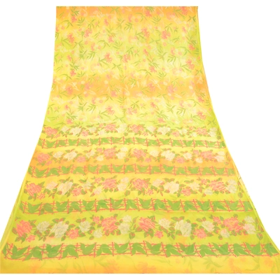 Sanskriti Vintage Lemon Printed Sarees Pure Chiffon Silk Sari 5Yd Craft Fabric, PRG-10787