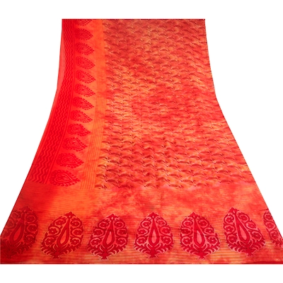 Sanskriti Vintage Red Tie-Dye Sarees Pure Georgette Silk Sari Print Craft Fabric, PRG-10797
