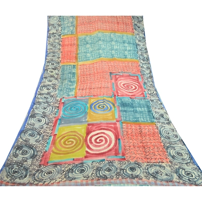 Sanskriti Vintage Blue Sarees 100% Pure Georgette Silk Printed Sari Craft Fabric, PRG-10865