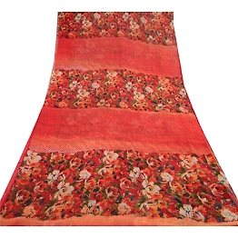 Sanskriti Vintage Red Printed Sarees Pure Chiffon Silk Sari 5Yd Craft Fabric, PRG-10193