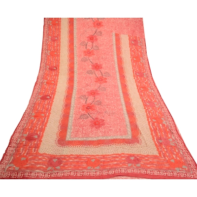 Sanskriti Vintage Red Sarees Pure Georgette Silk Printed Sari 5Yd Craft Fabric, PRG-10998