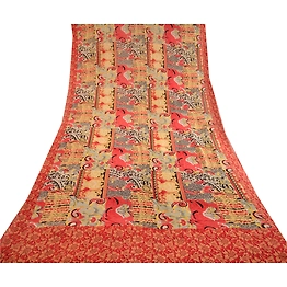 Sanskriti Vintage Sarees Red Pure Georgette Silk Printed Sari 5Yd Craft Fabric, PRG-12313