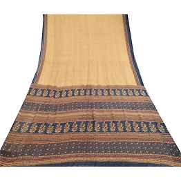 Sanskriti Vintage Saree Cream Pure Chiffon Silk Printed Sari Floral Craft Fabric, PRG-12147